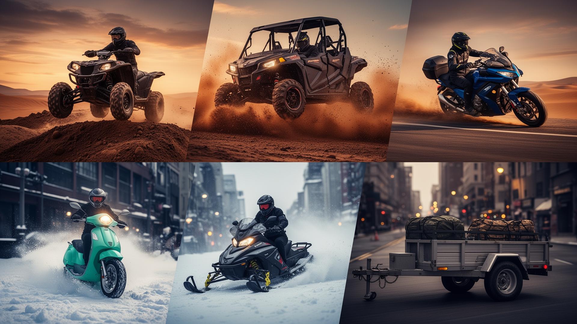 ATVs, UTVs, motorcycles, scooters, snowmobiles and trailers in action